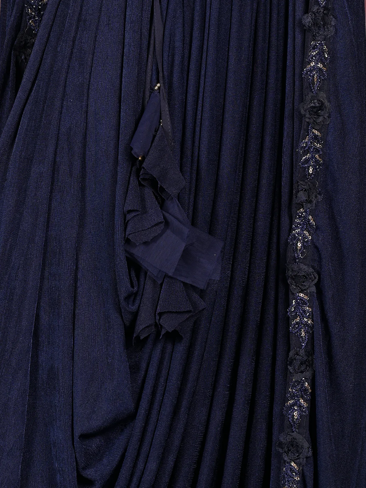 Odette Navy Blue Lycra Embellished Saree With Stitched Blouse For Women - Image 7