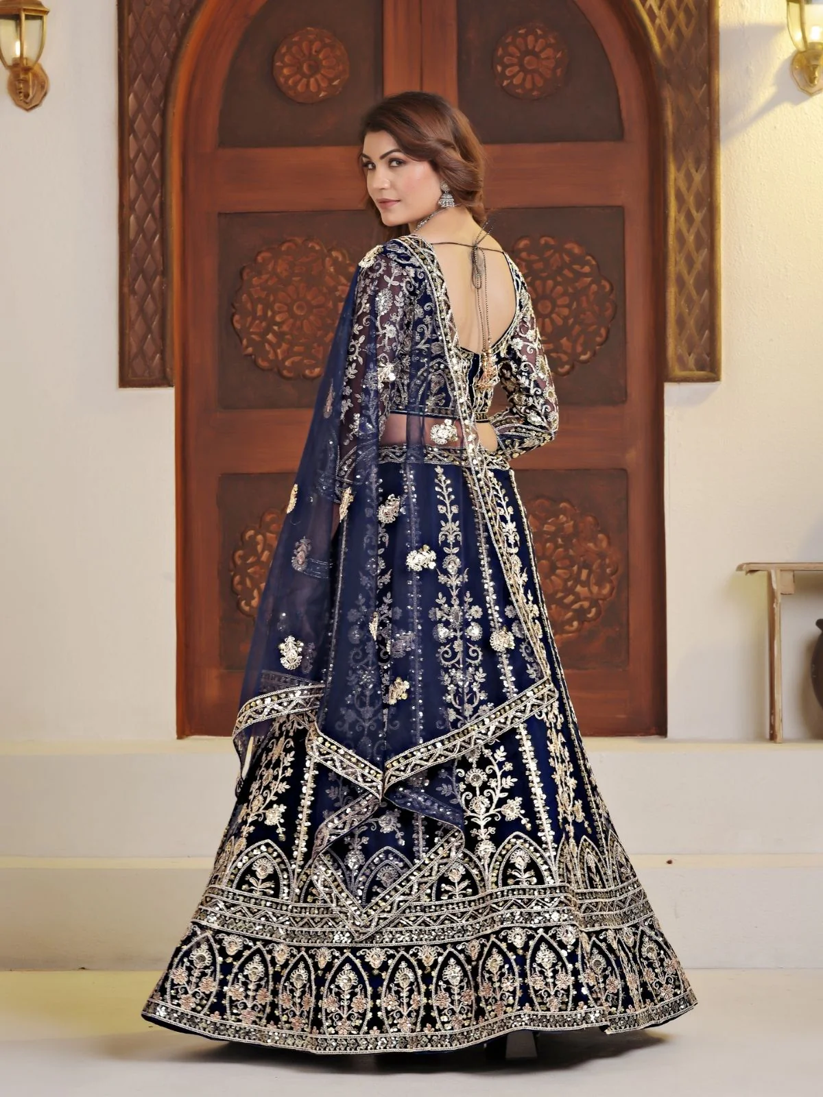 Odette Navy Blue Net Embellished Semi Stitched Lehenga For Women - Image 3