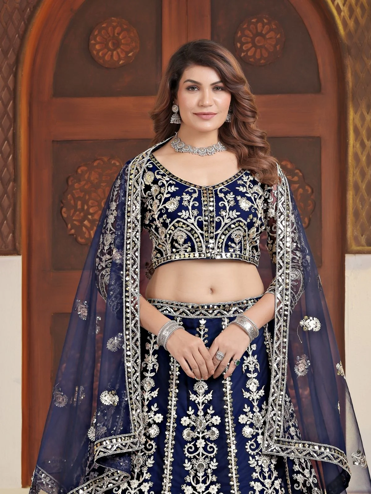 Odette Navy Blue Net Embellished Semi Stitched Lehenga For Women - Image 4