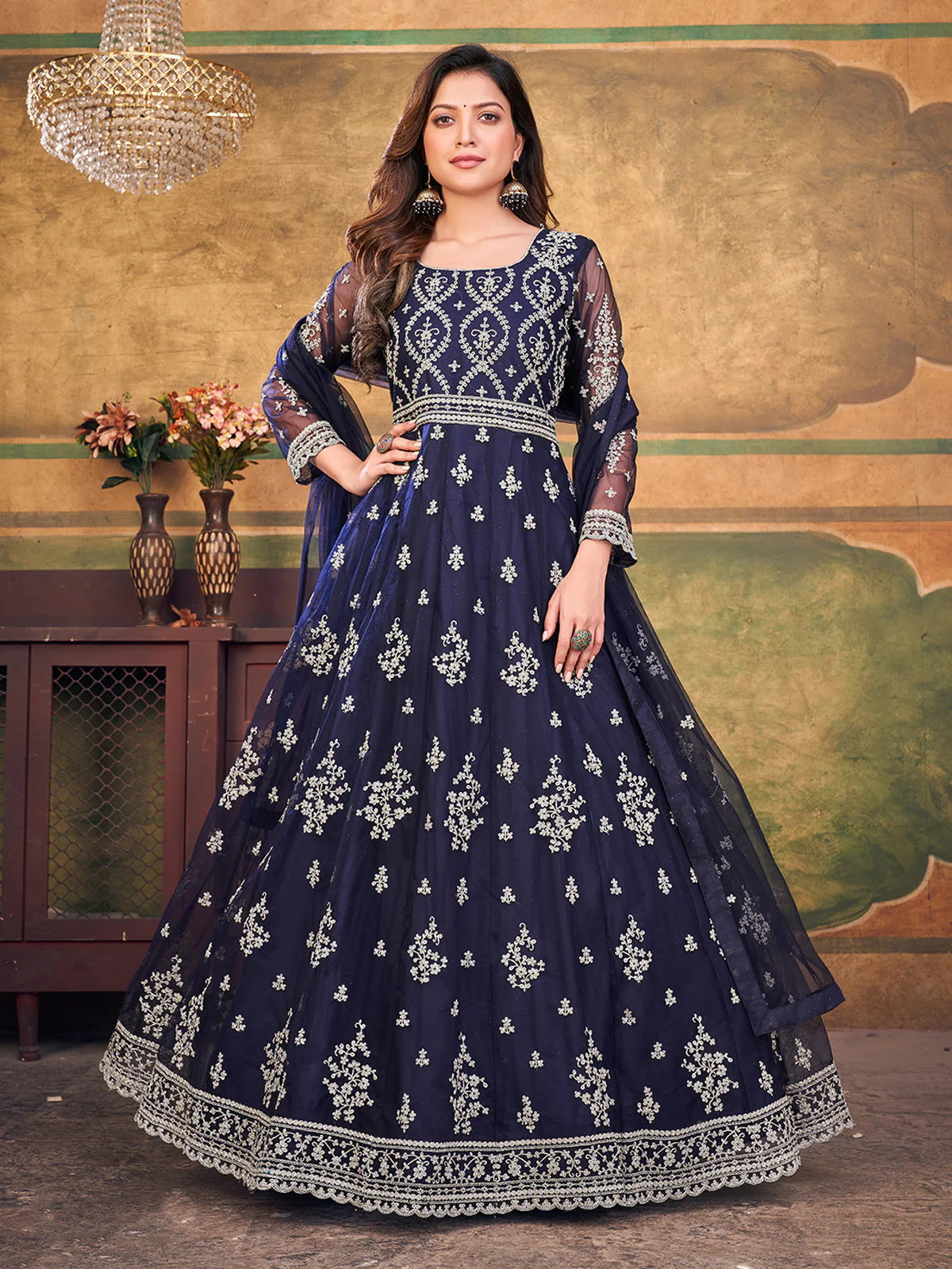 Odette Navy Blue Net Embroidered Semi stitched Kurta Set with Inner For Women - Image 2