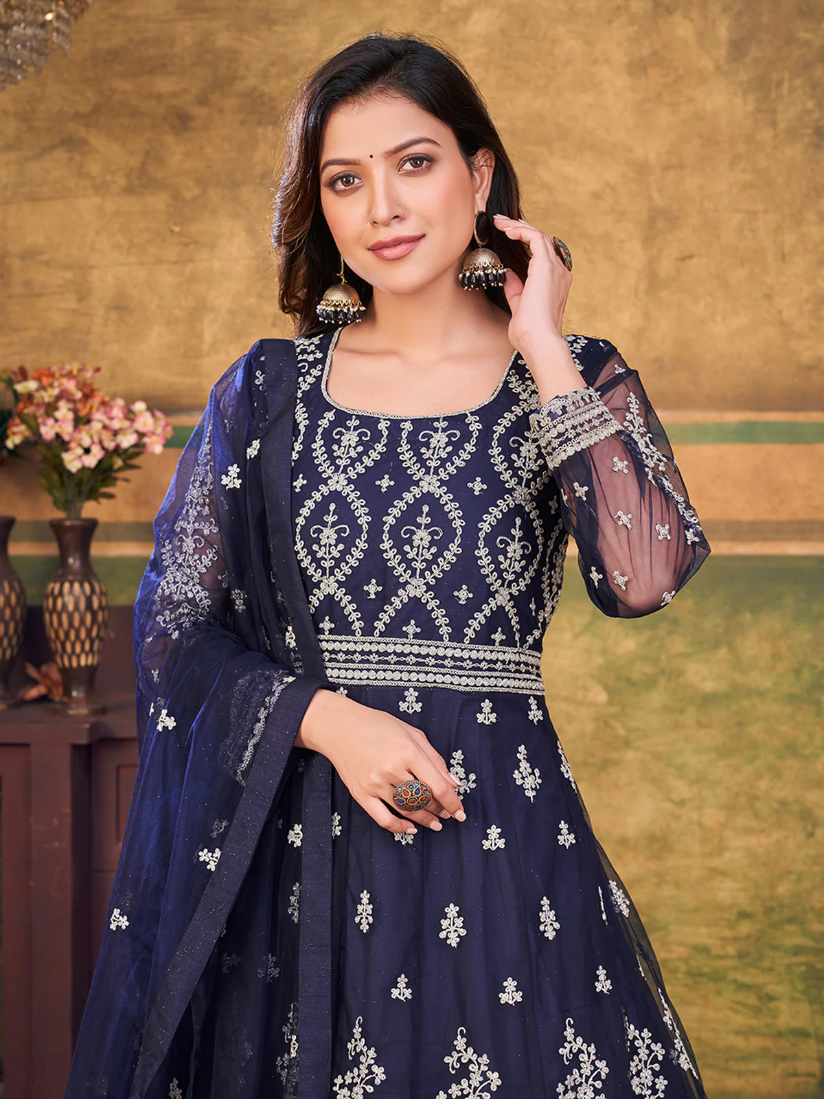 Odette Navy Blue Net Embroidered Semi stitched Kurta Set with Inner For Women - Image 4