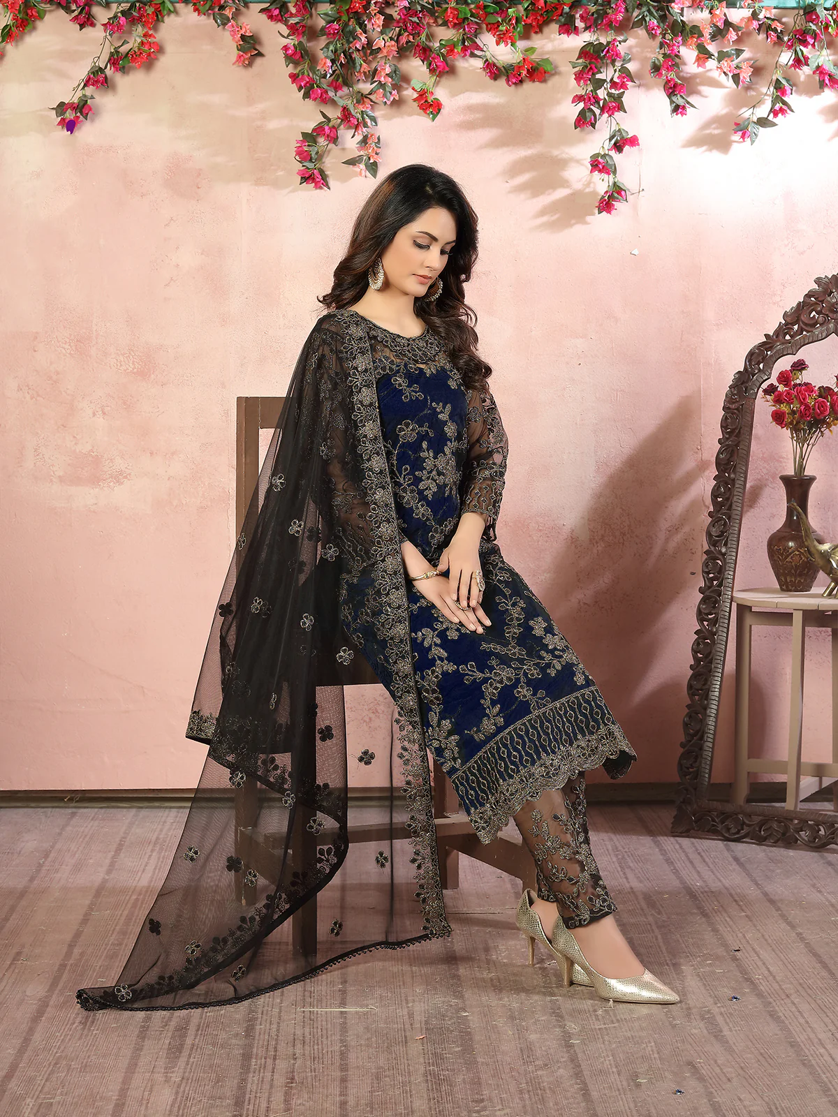 Odette Navy Blue Net Embroidered Semi stitched Kurta Set with Inner For Women - Image 2