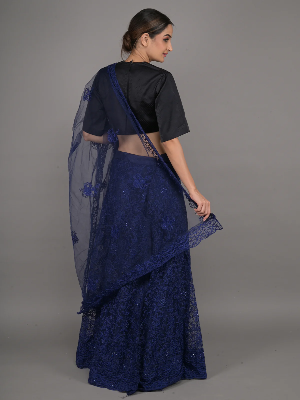 Odette Navy Blue Net Semi Stitched Lehenga With Unstitched Blouse For Women - Image 3
