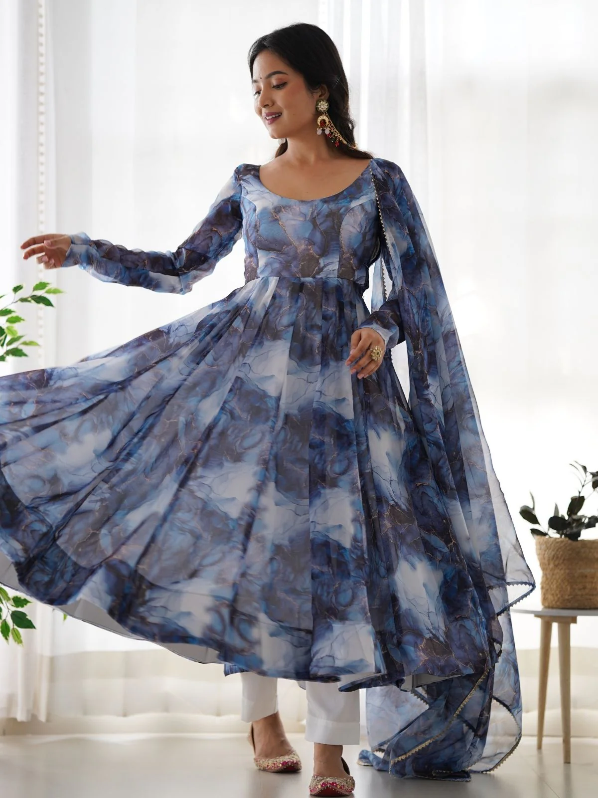 Odette Navy Blue Organza Silk Floral Digital Print Stitched Kurta Set For Women - Image 4