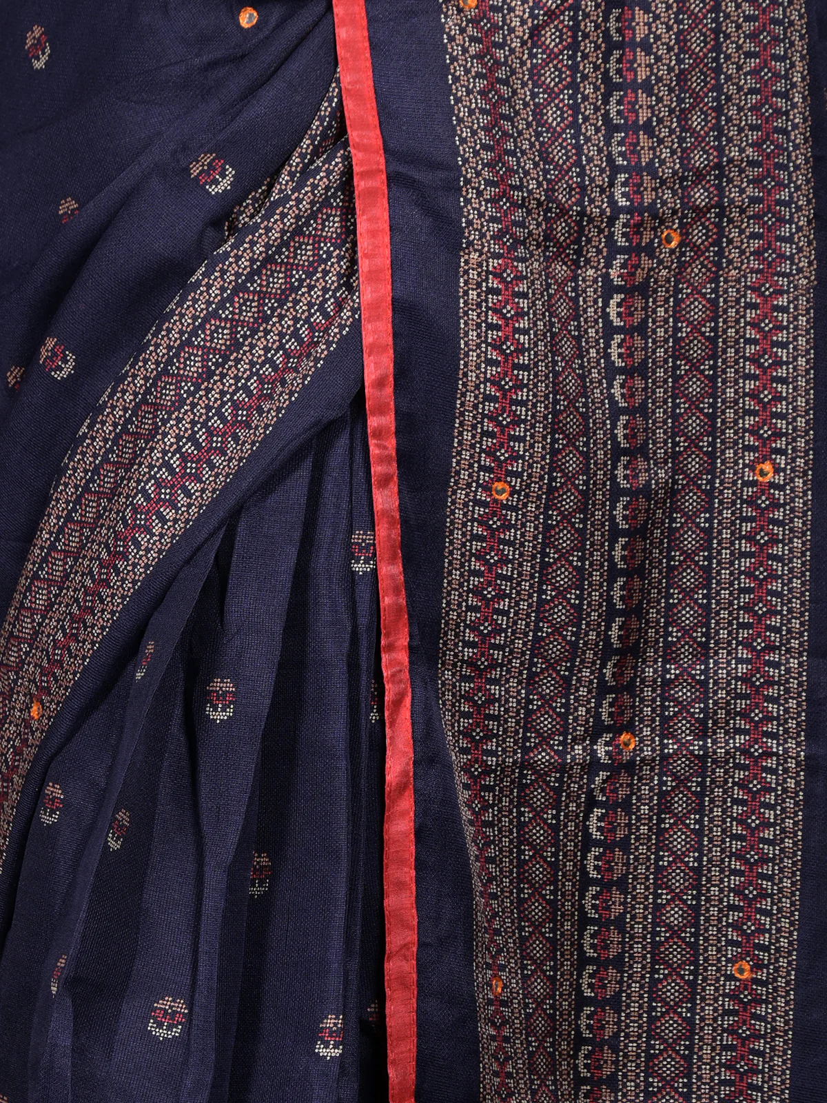 Odette Navy Blue Printed Cotton Blend Saree with Unstitched Blouse for Women - Image 6