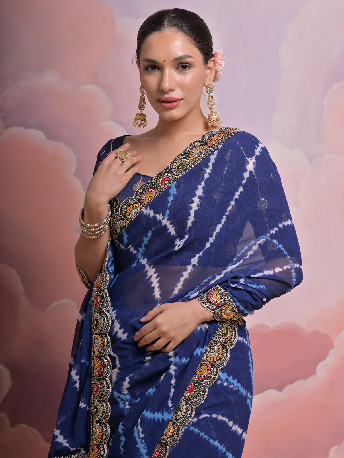 Odette Navy Blue Printed Georgette Saree With Unstitched Blouse For Women - Image 5
