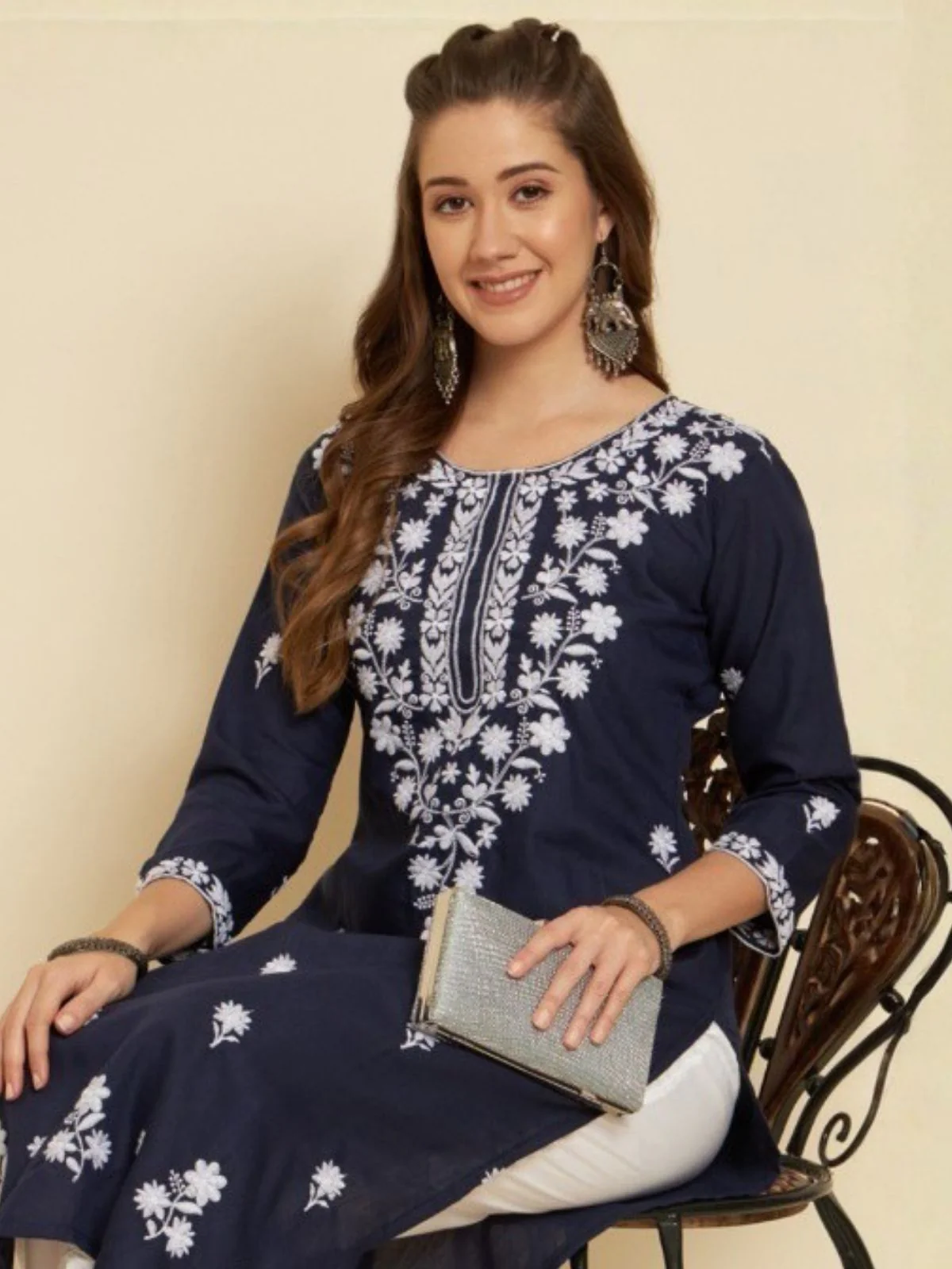 Odette Navy Blue Rayon Embroidered Kurti For Women - Image 2