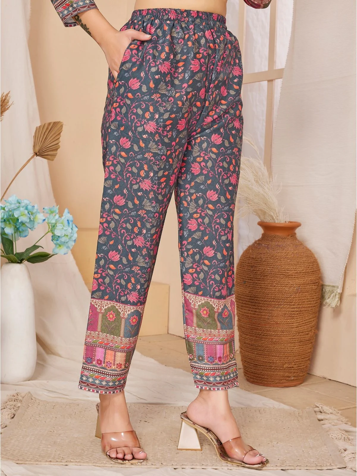 Odette Navy Blue Rayon Printed Semi-Stitched Co-Ord Set For Women - Image 5