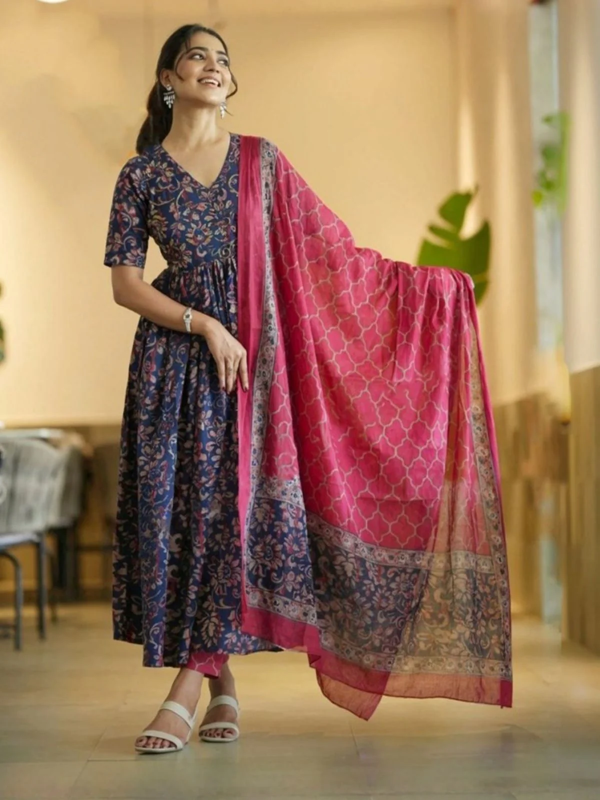 Odette Navy Blue Rayon Printed Stitched Kurta Set For Women - Image 2