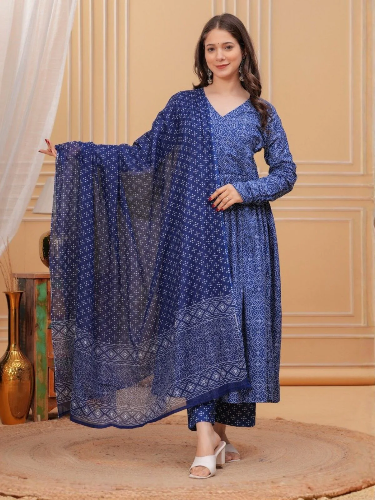 Odette Navy Blue Rayon Printed Stitched Kurta Set For Women