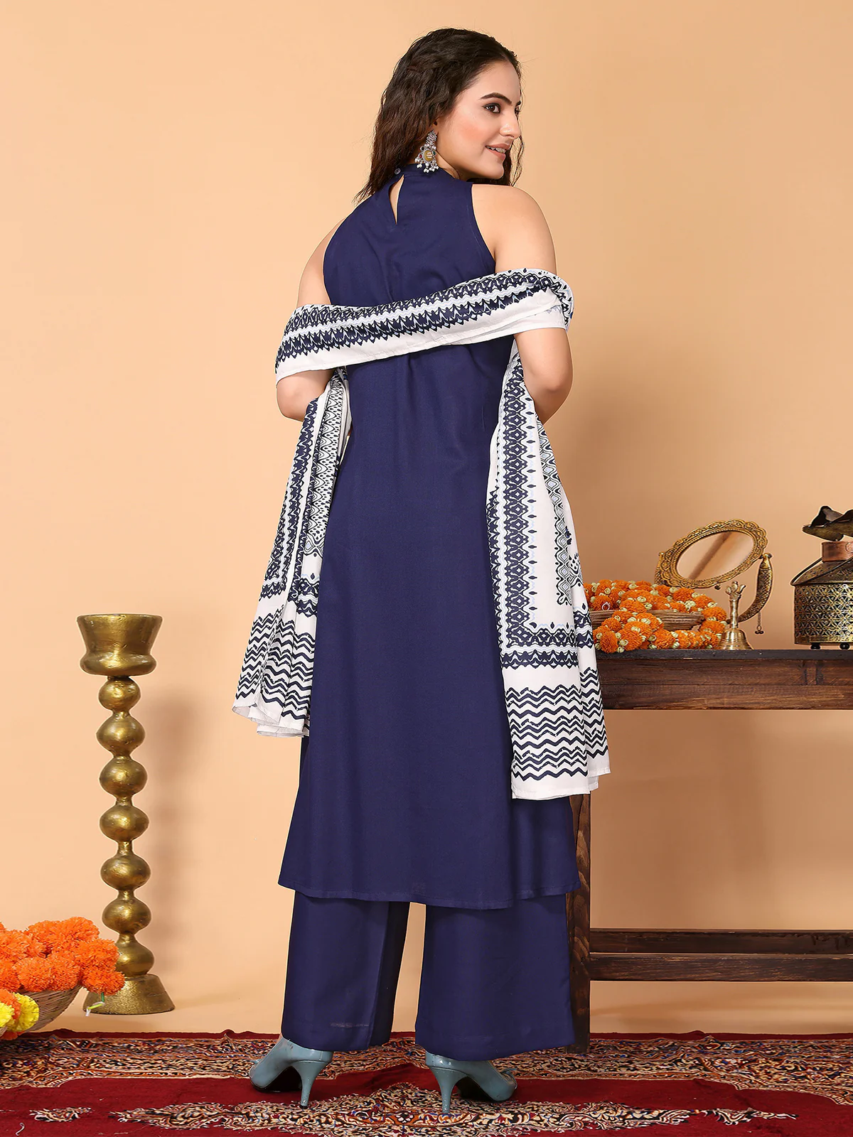 Odette Navy Blue Rayon Solid Stitched Kurta set for Women - Image 3