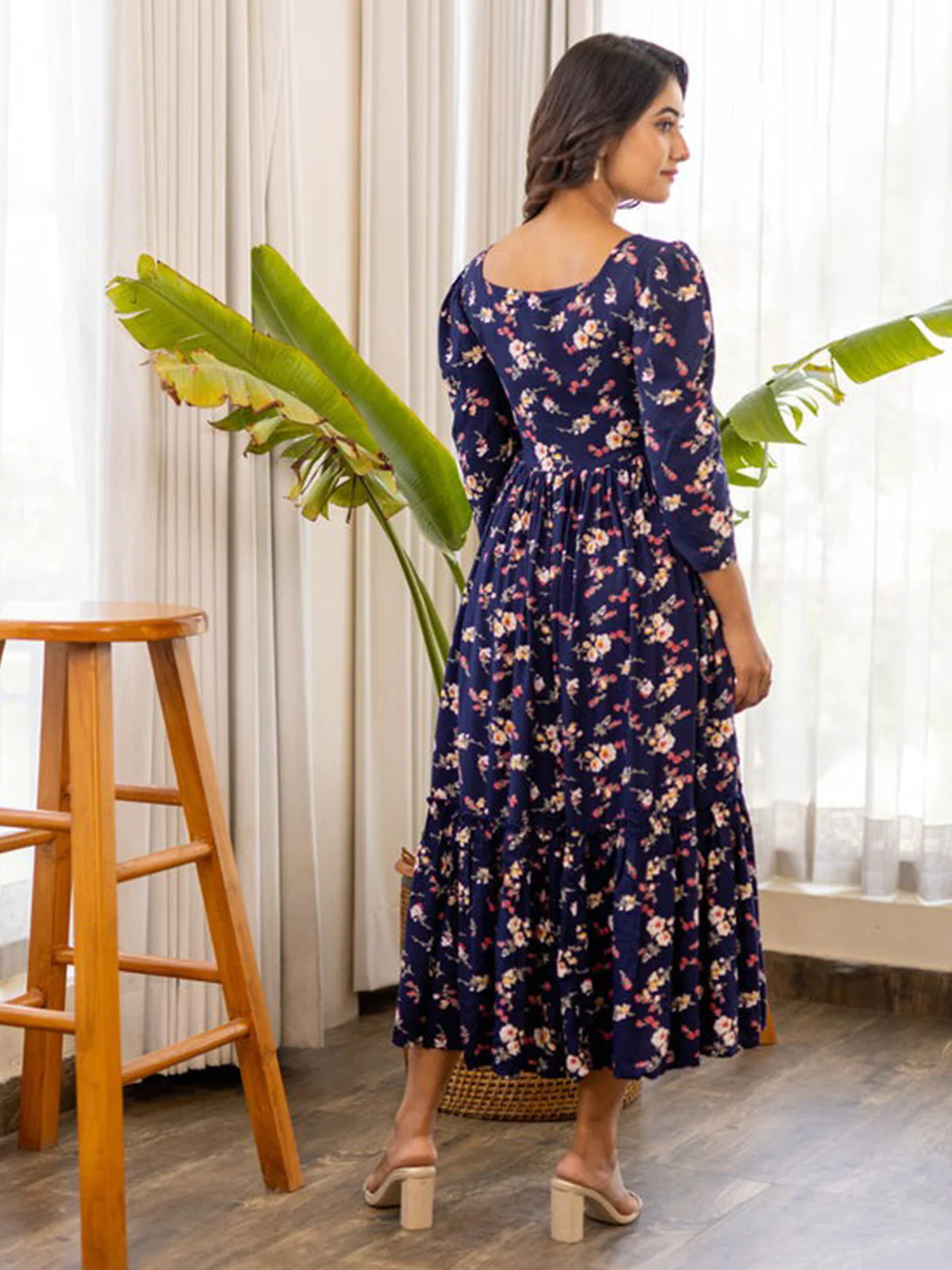 Odette Navy Blue Rayon Stitched Printed Indo Western Dress For Women - Image 4