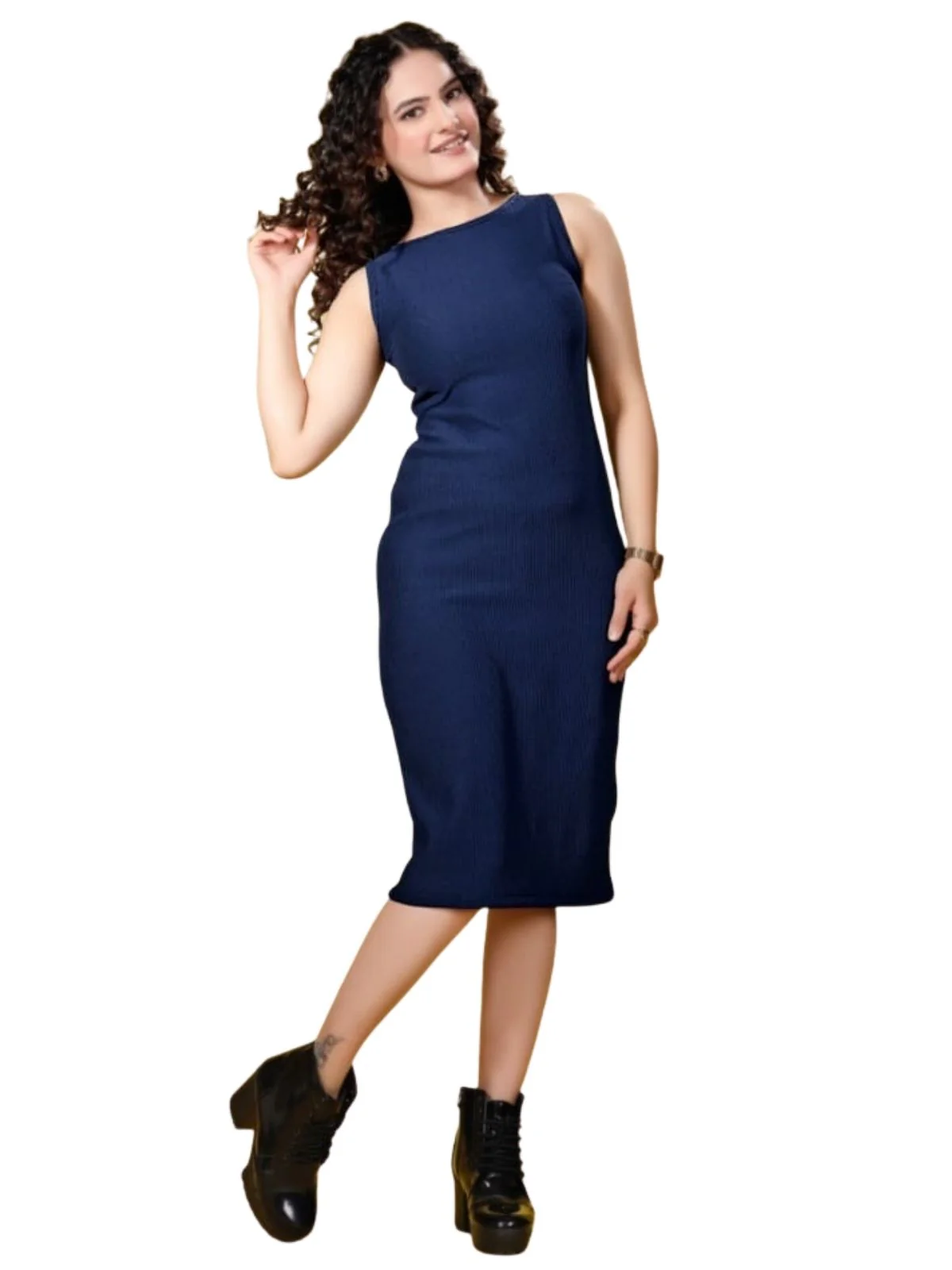 Odette Navy Blue Ribbed Knit Solid Dresses For Women