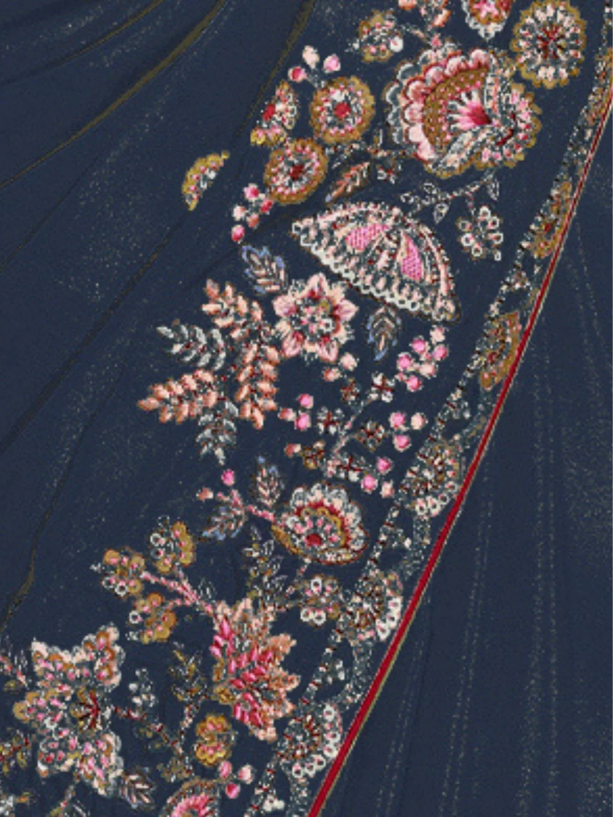 Odette Navy Blue Satin Embroidered Elegant Saree For Women - Image 4