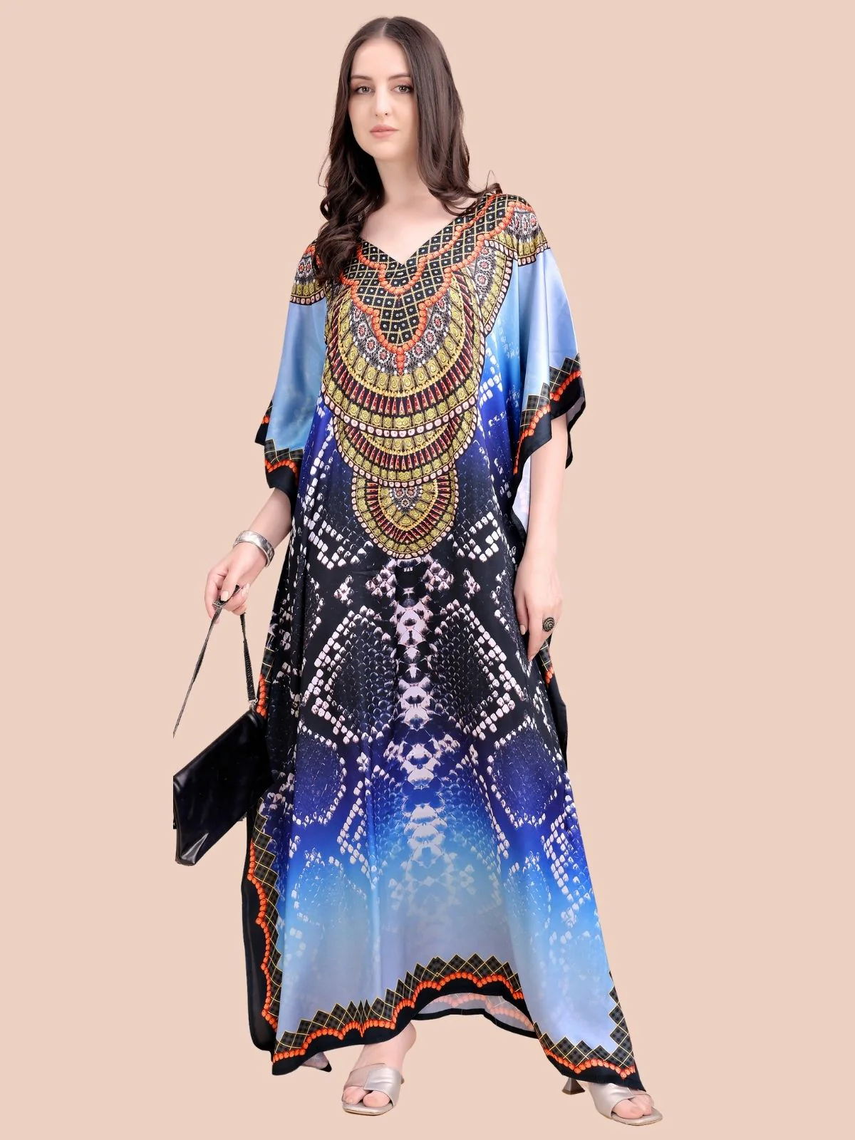 Odette Navy Blue Satin Printed Kaftan For Women