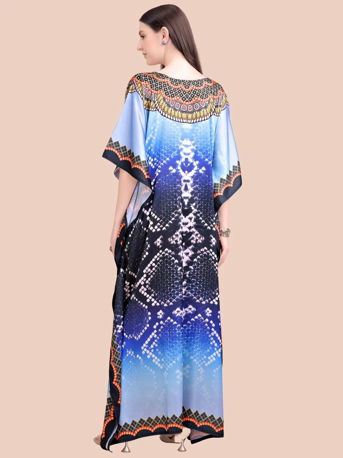Odette Navy Blue Satin Printed Kaftan For Women - Image 3