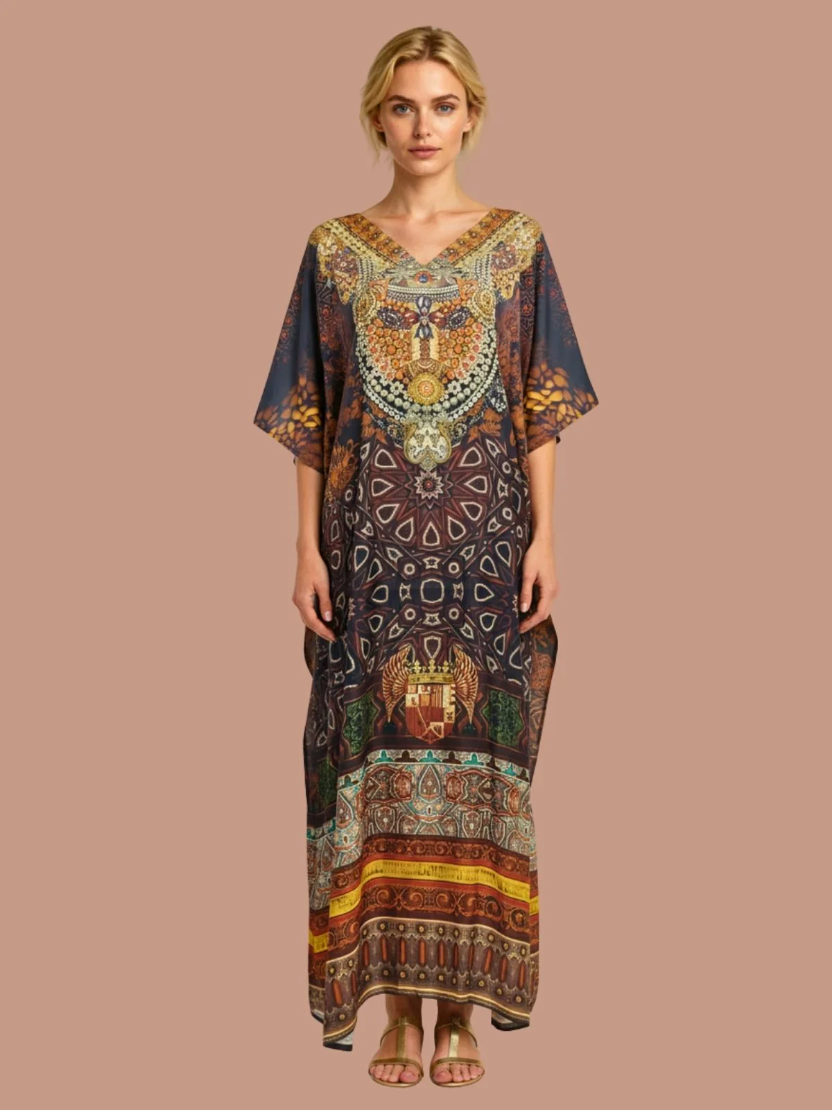 Odette Navy Blue Satin Printed Kaftan For Women