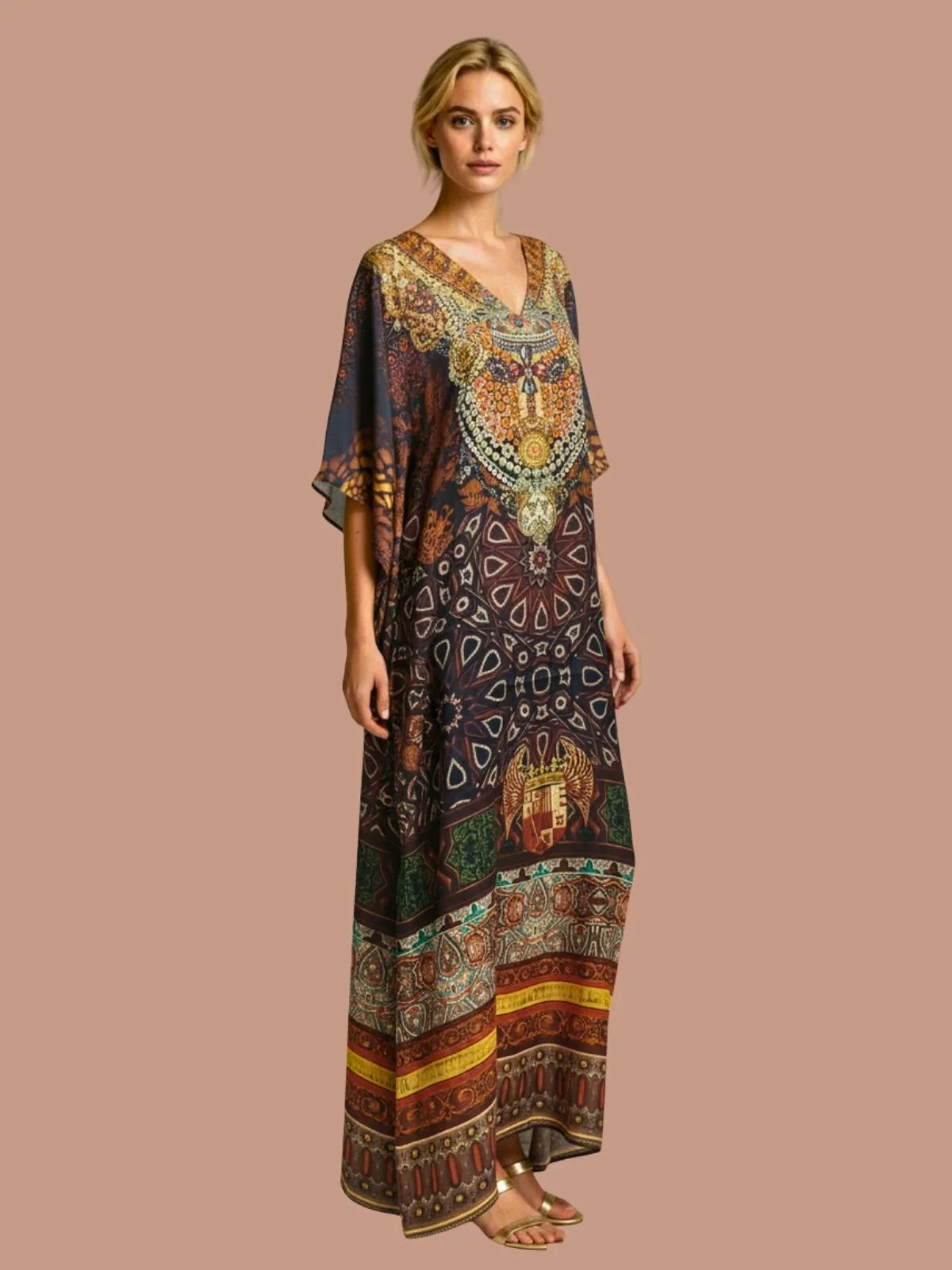 Odette Navy Blue Satin Printed Kaftan For Women - Image 2
