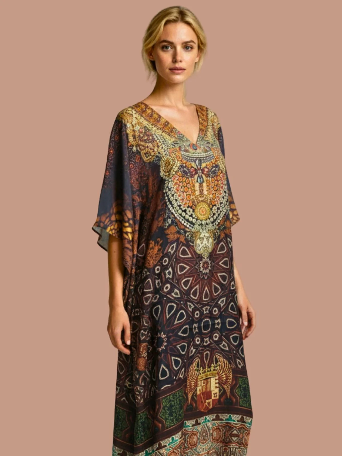 Odette Navy Blue Satin Printed Kaftan For Women - Image 4
