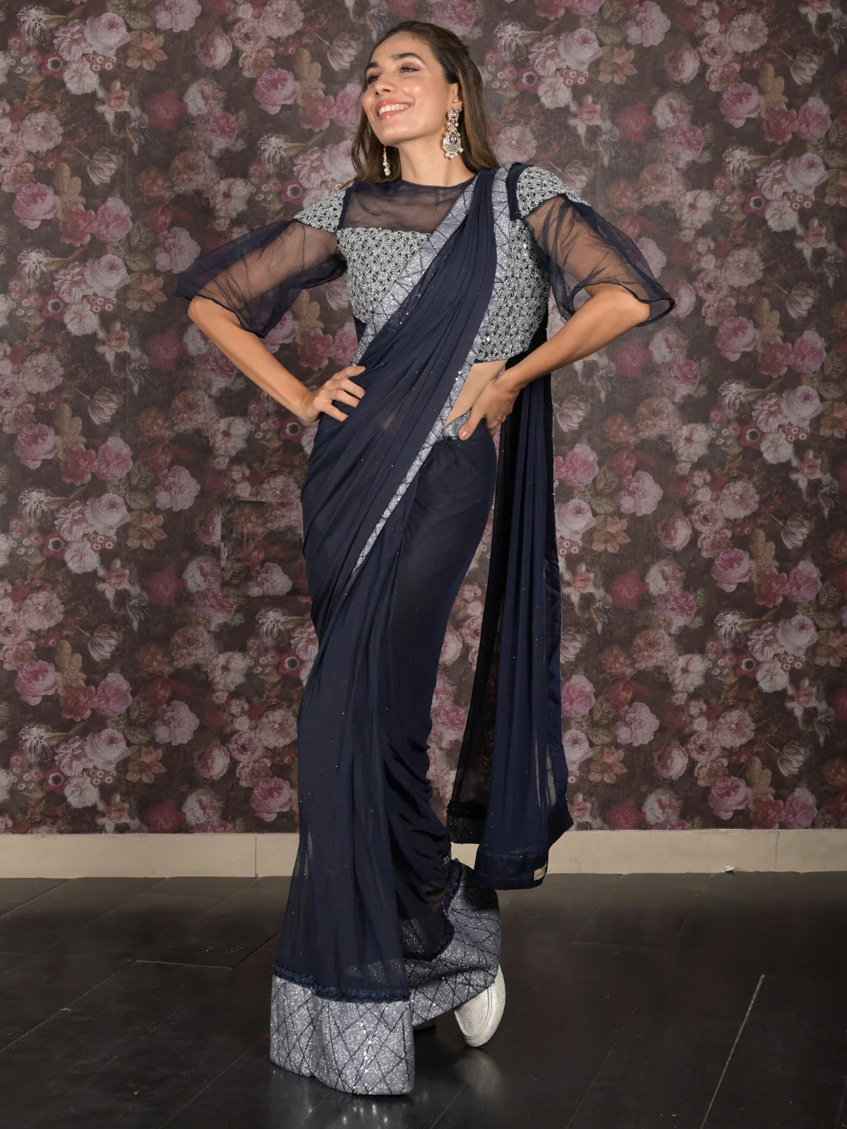 Odette Navy Blue Sequins and Zari Embroidered Ready-to-Wear Net Saree with Stitched Blouse for Women - Image 2