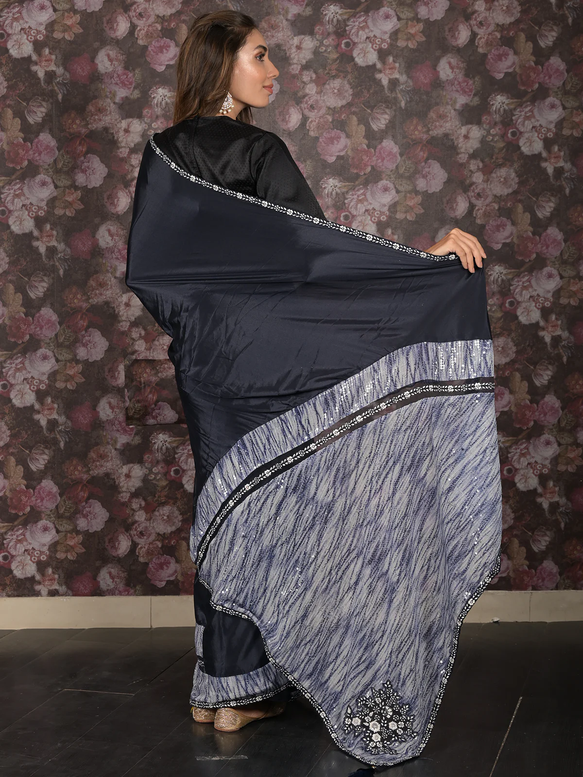 Odette Navy Blue Sequins Embroidered Crepe Saree with Unstitched Blouse for Women - Image 4