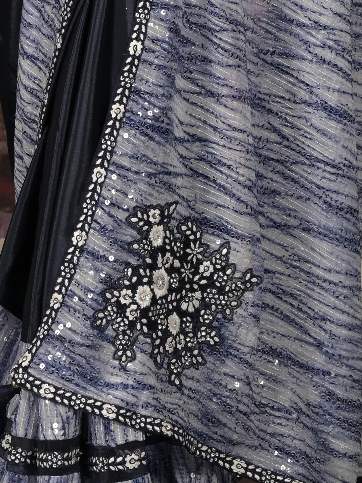 Odette Navy Blue Sequins Embroidered Crepe Saree with Unstitched Blouse for Women - Image 5