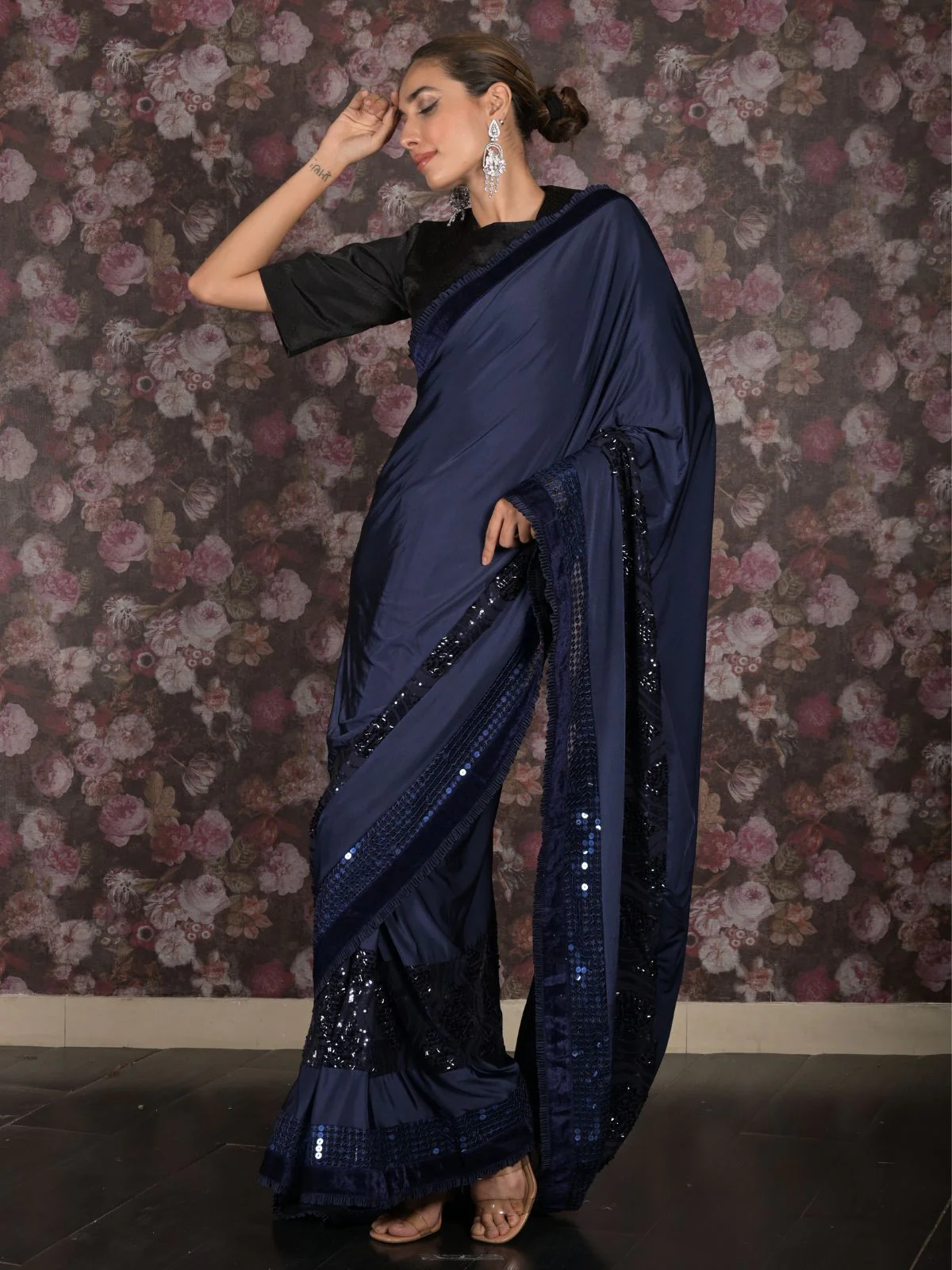 Odette Navy Blue Sequins Embroidered Lycra Saree with Unstitched Blouse for Women - Image 3