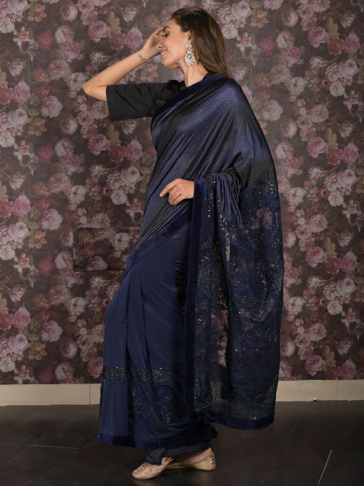 Odette Navy Blue Sequins Embroidered Lycra Saree with Unstitched Blouse for Women - Image 2