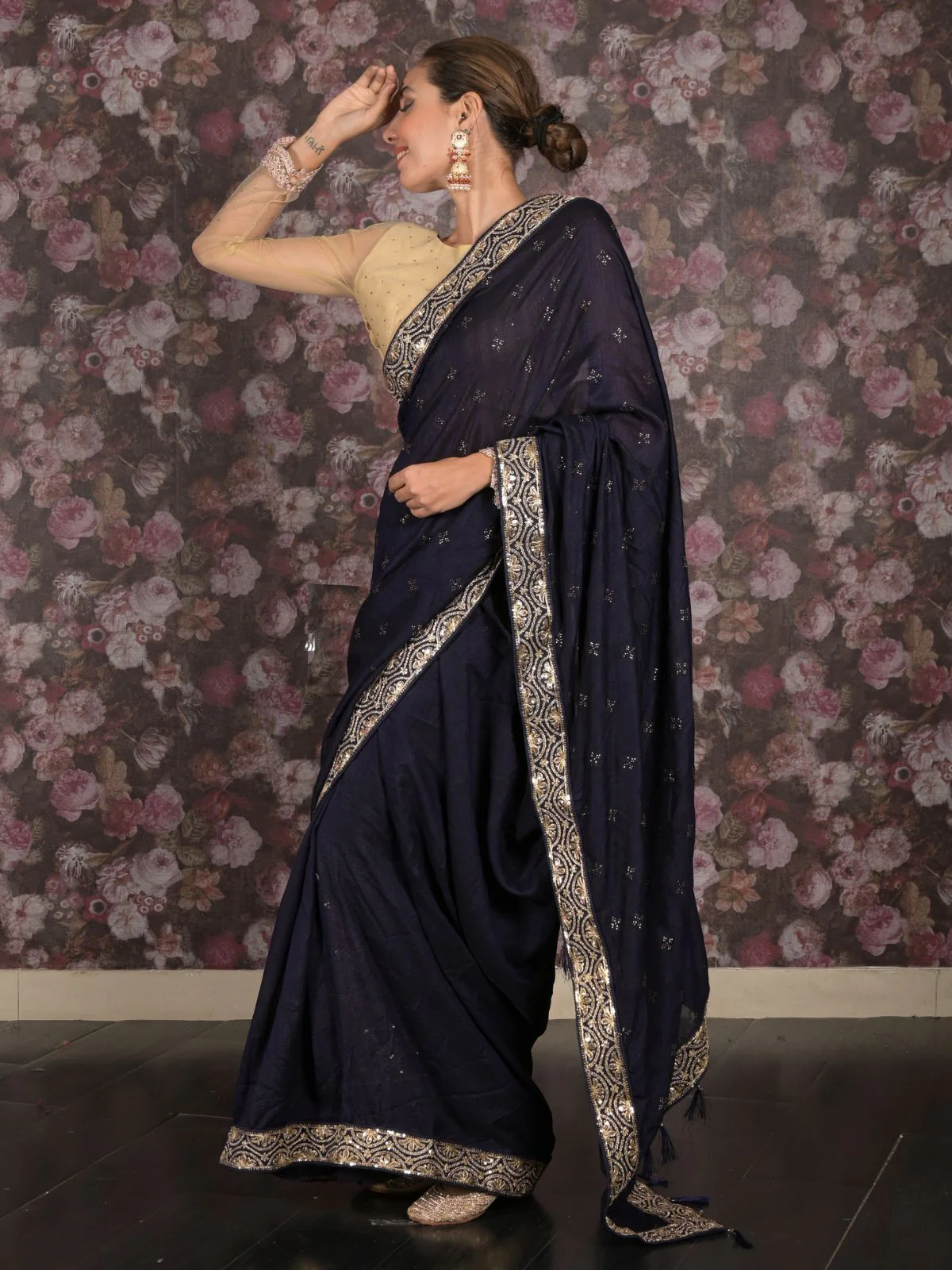 Odette Navy Blue Sequins Embroidered Silk Blend Saree with Unstitched Blouse for Women - Image 2