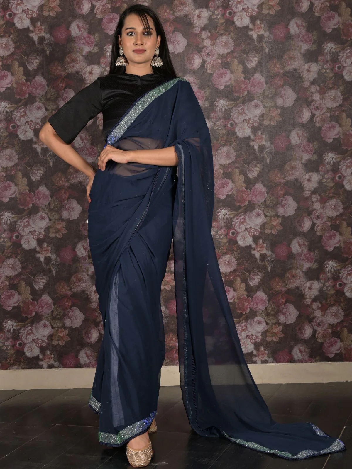 Odette Navy Blue Shimmer Lace Embellished Poly Georgette Saree with Unstitched Blouse for Women - Image 2