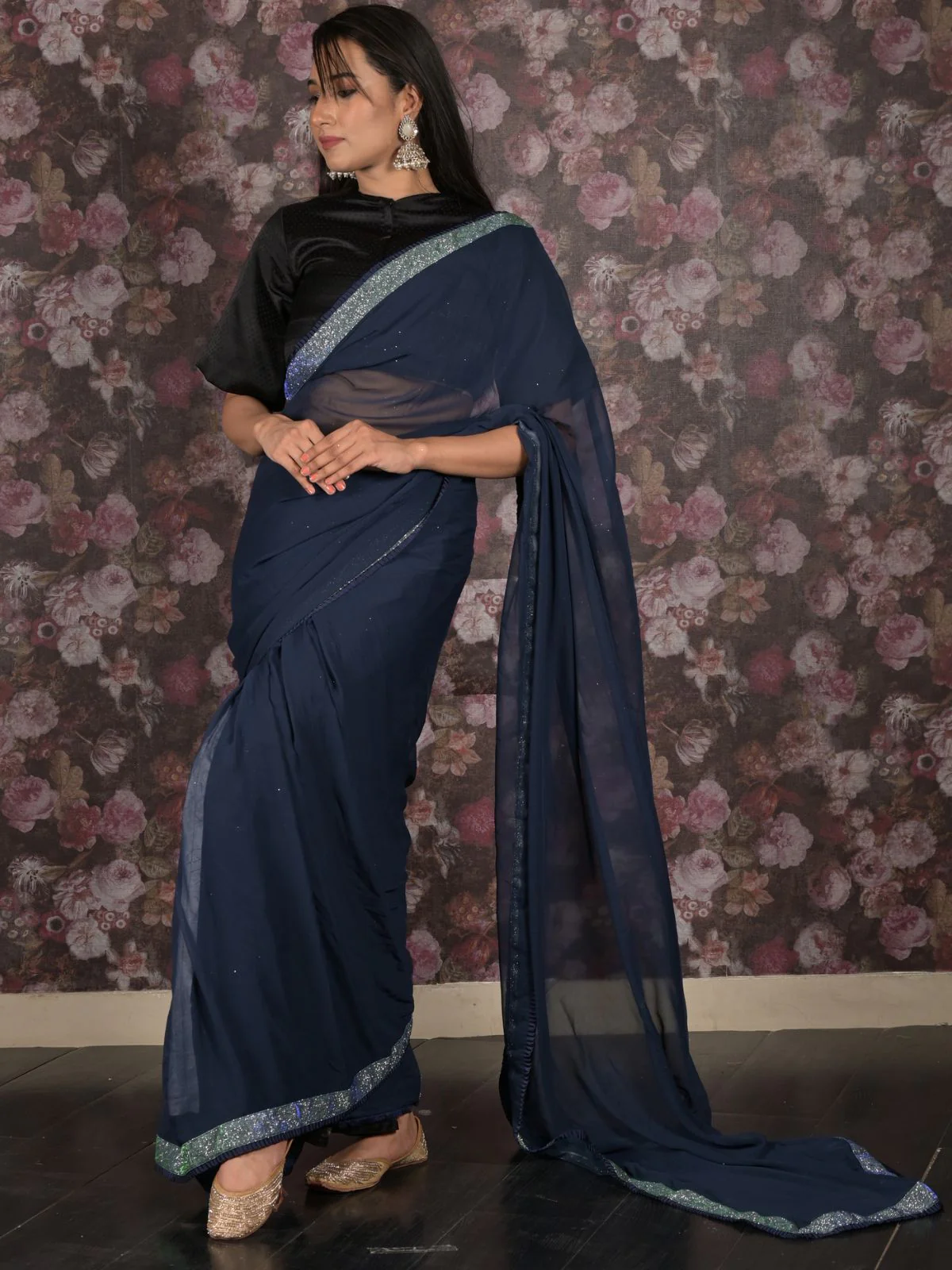 Odette Navy Blue Shimmer Lace Embellished Poly Georgette Saree with Unstitched Blouse for Women - Image 3