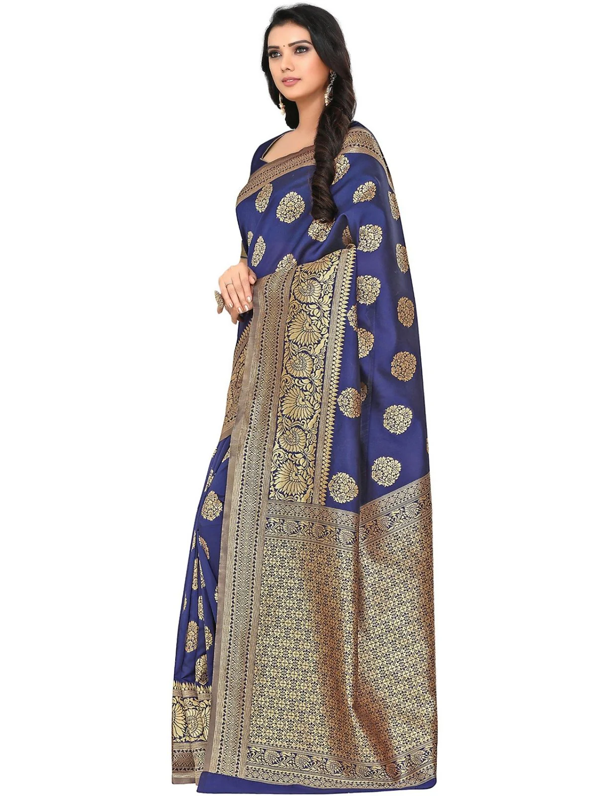 Odette Navy Blue Silk Blend Embellished Saree For Women - Image 2