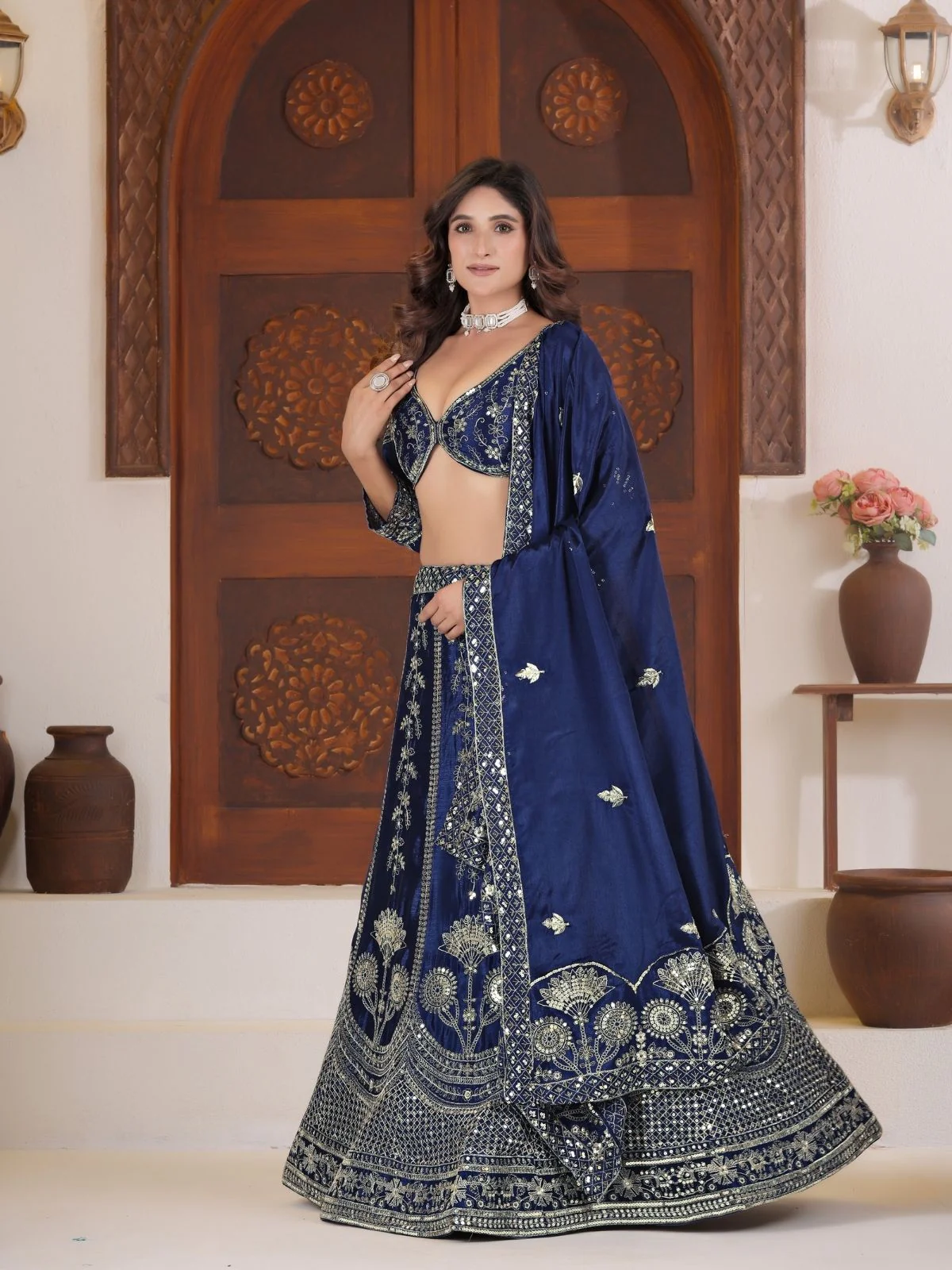 Odette Navy Blue Silk Blend Embellished Semi Stitched Lehenga For Women - Image 2