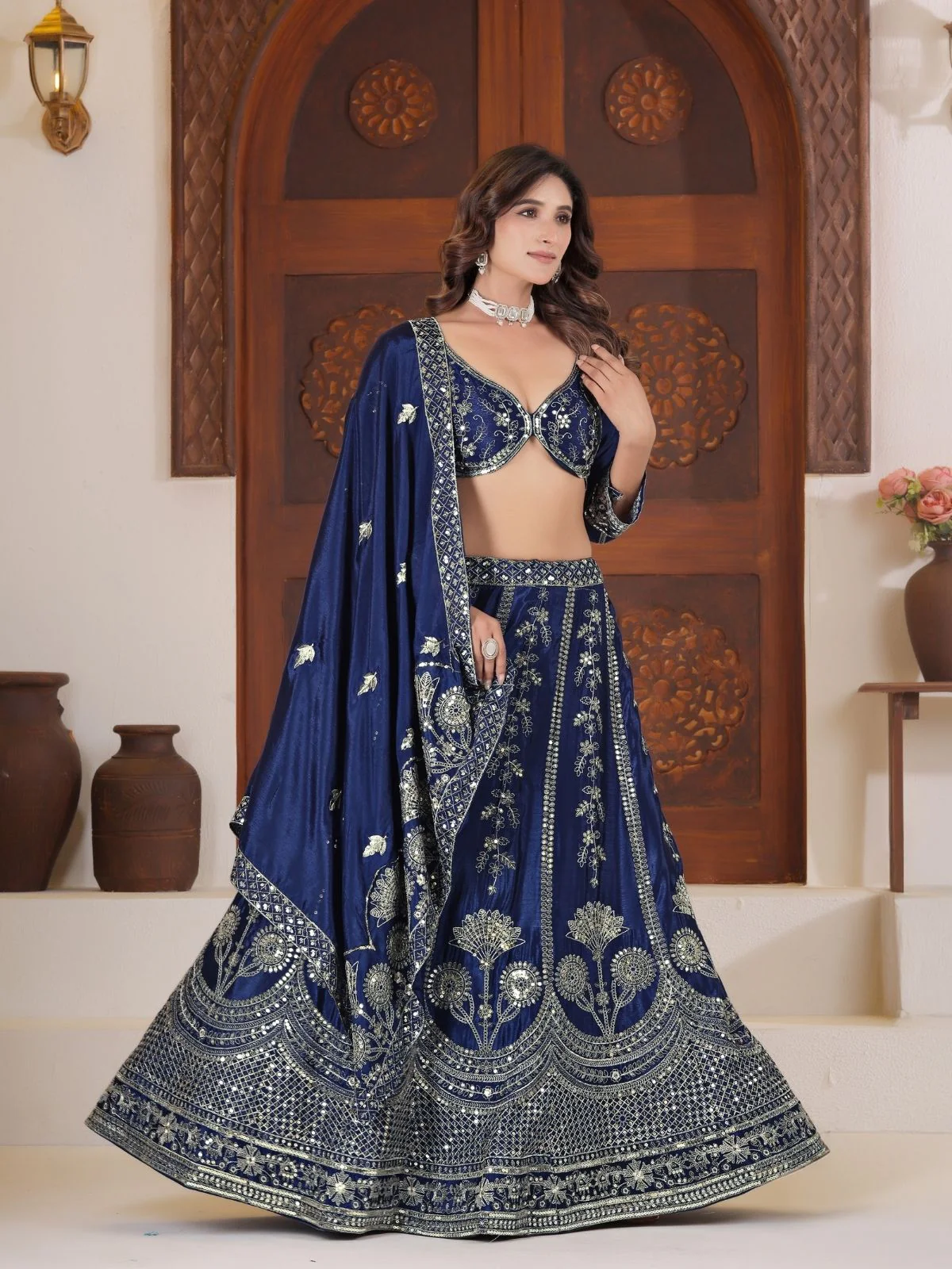 Odette Navy Blue Silk Blend Embellished Semi Stitched Lehenga For Women - Image 3