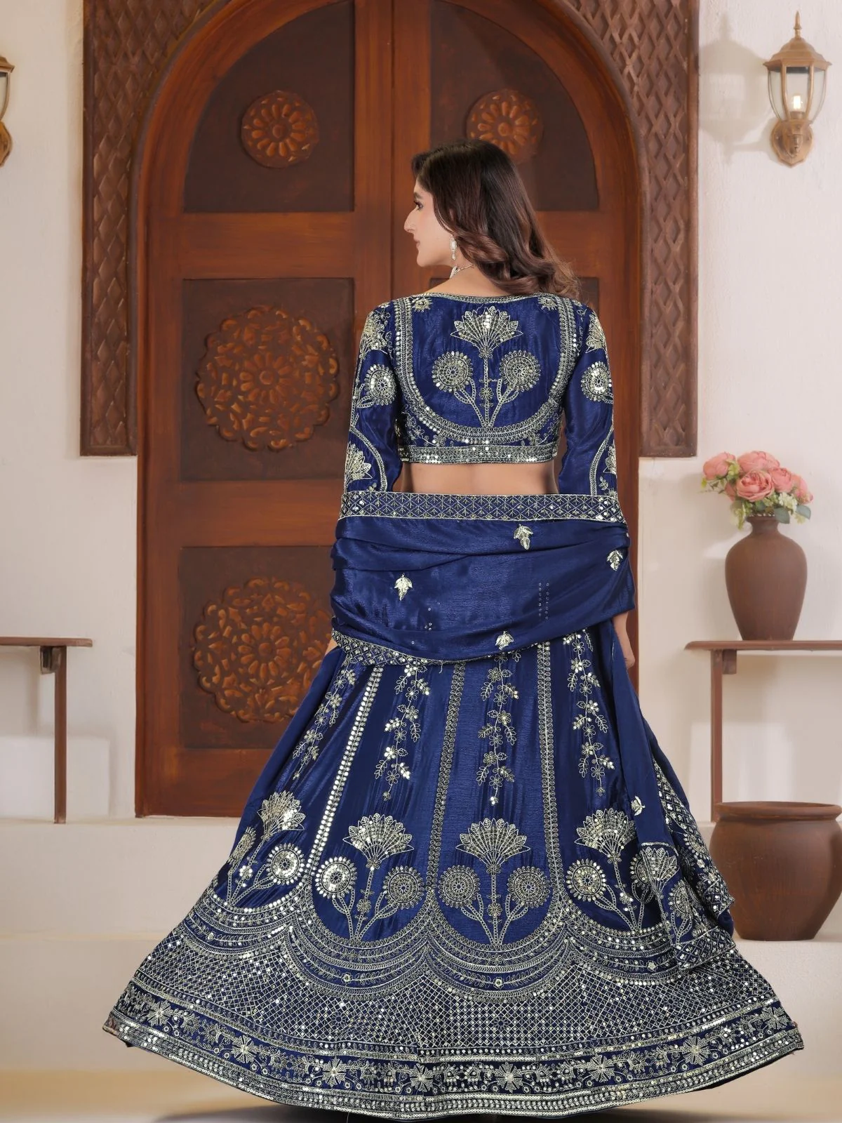 Odette Navy Blue Silk Blend Embellished Semi Stitched Lehenga For Women - Image 4