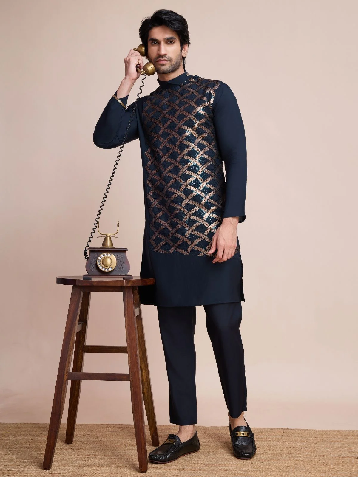 Odette Navy Blue Silk Blend Embellished Stitched Kurta With Pant For Men