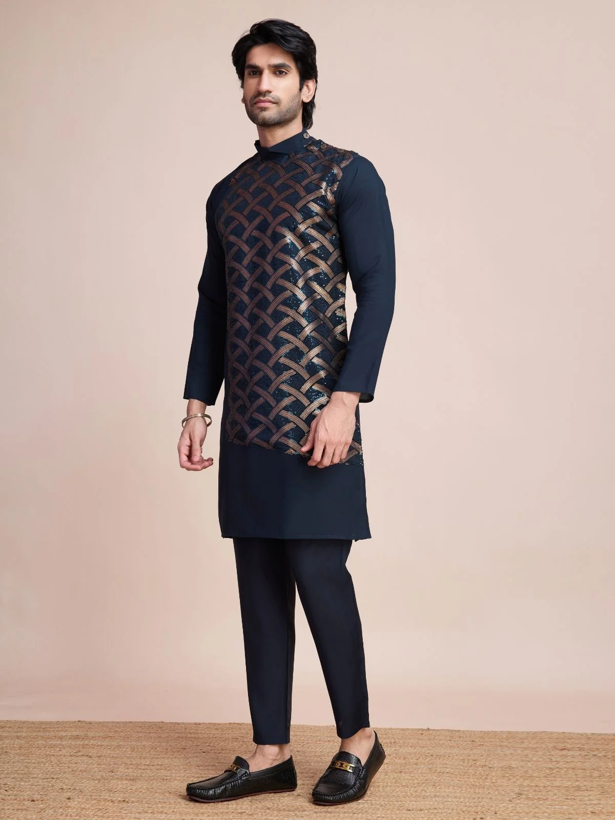 Odette Navy Blue Silk Blend Embellished Stitched Kurta With Pant For Men - Image 2