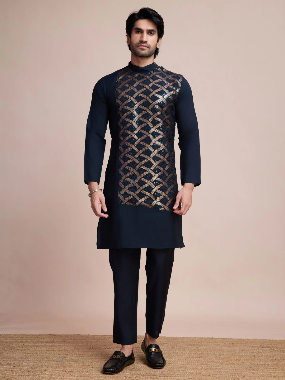 Odette Navy Blue Silk Blend Embellished Stitched Kurta With Pant For Men - Image 4