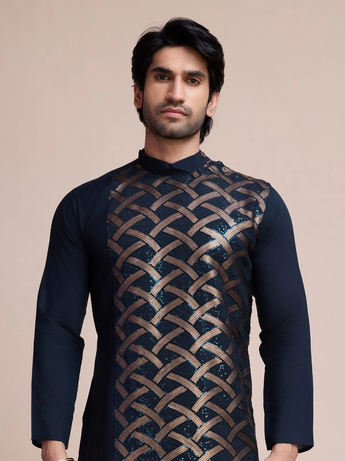 Odette Navy Blue Silk Blend Embellished Stitched Kurta With Pant For Men - Image 6