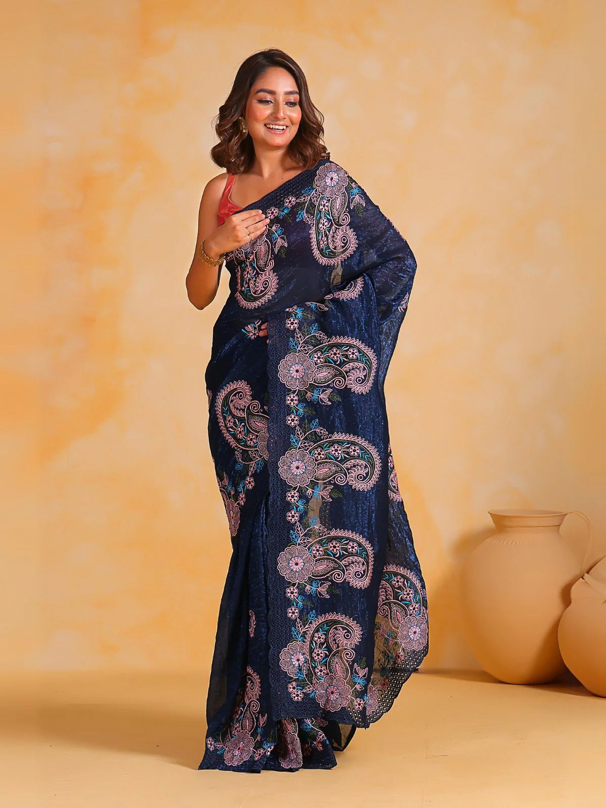 Odette Navy Blue Silk Blend Embroidered Saree With Unstitched Blouse For Women