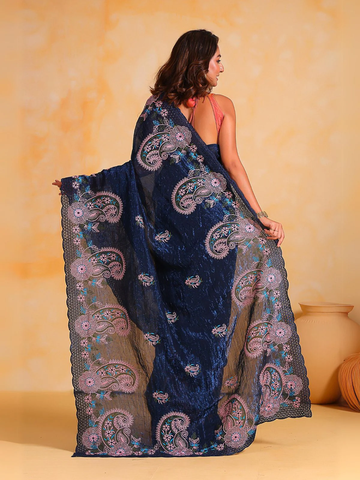 Odette Navy Blue Silk Blend Embroidered Saree With Unstitched Blouse For Women - Image 4