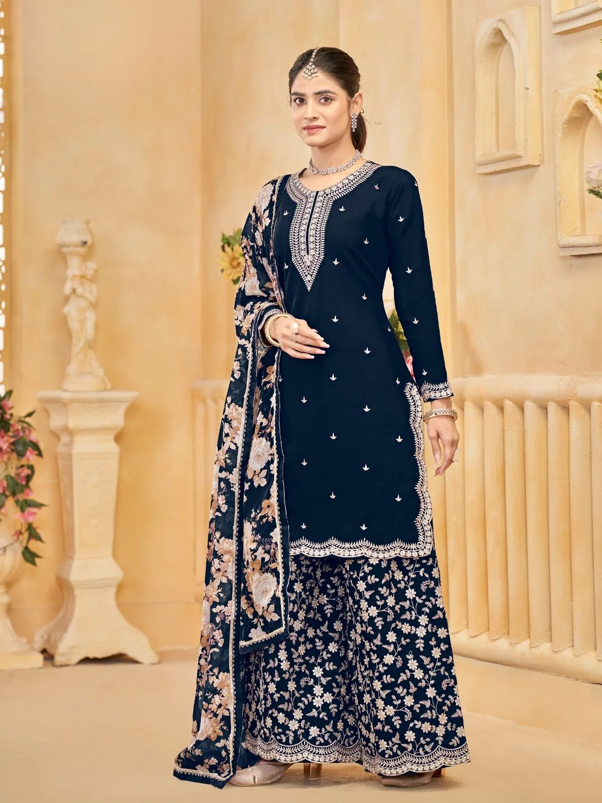 Odette Navy Blue Silk Blend Embroidered Semi-Stiched Kurta Set For Women - Image 2