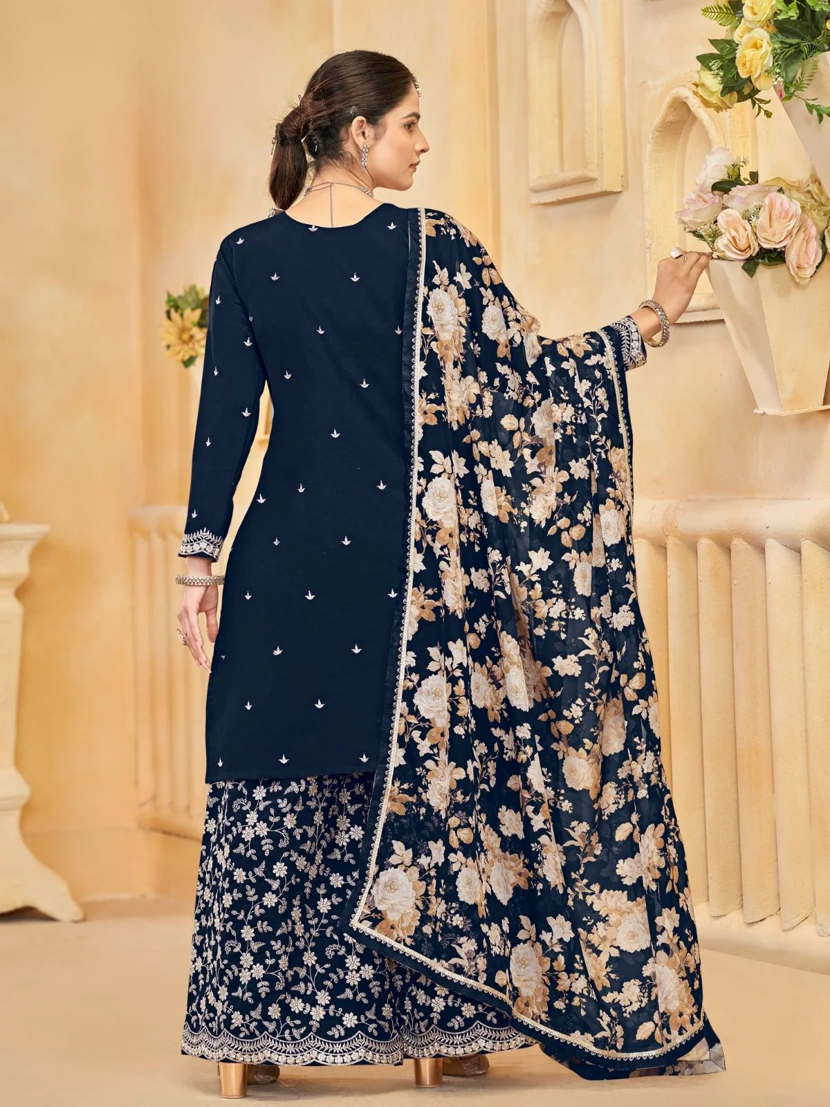 Odette Navy Blue Silk Blend Embroidered Semi-Stiched Kurta Set For Women - Image 3