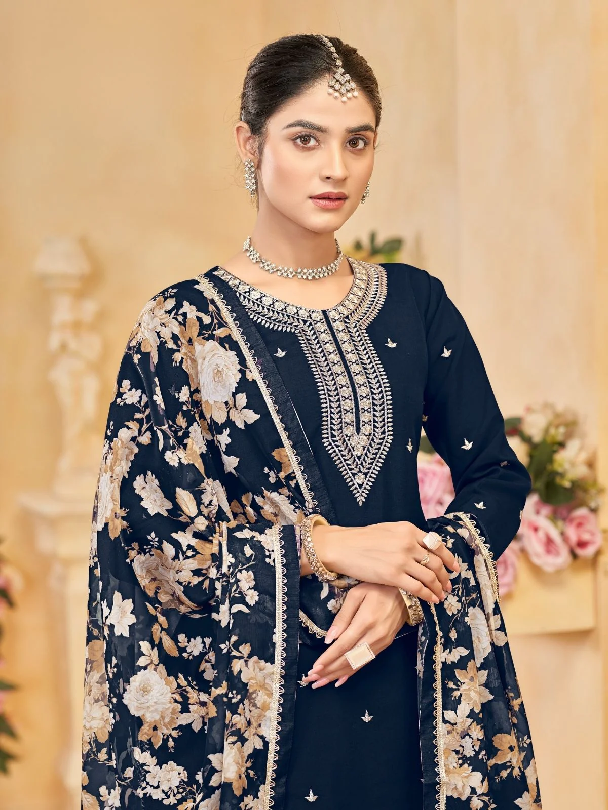 Odette Navy Blue Silk Blend Embroidered Semi-Stiched Kurta Set For Women - Image 4