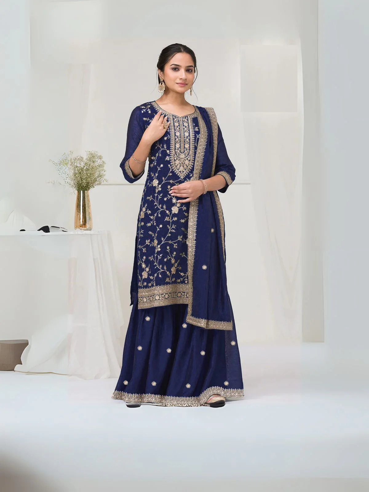 Odette Navy Blue Silk Blend Embroidered Semi-Stitched Kurta Set For Women