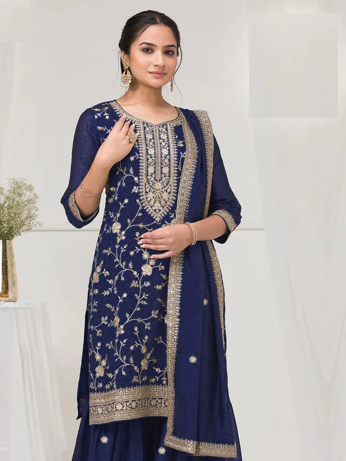 Odette Navy Blue Silk Blend Embroidered Semi-Stitched Kurta Set For Women - Image 2