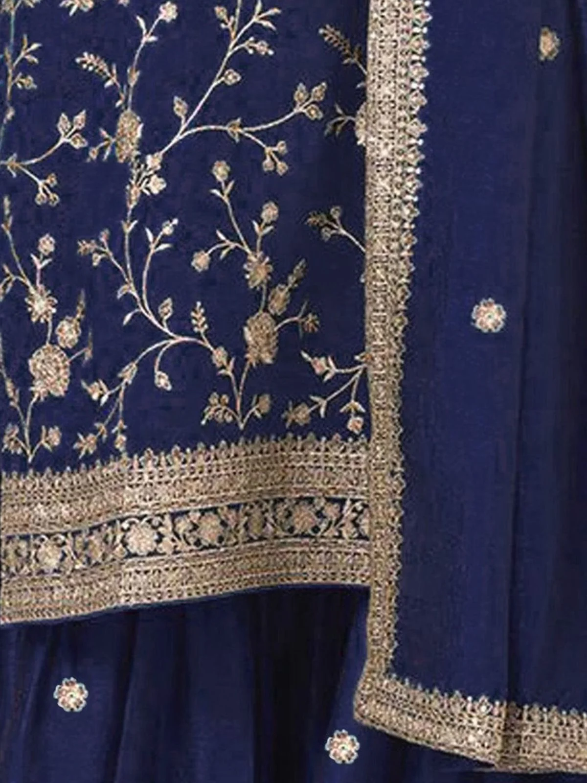 Odette Navy Blue Silk Blend Embroidered Semi-Stitched Kurta Set For Women - Image 4