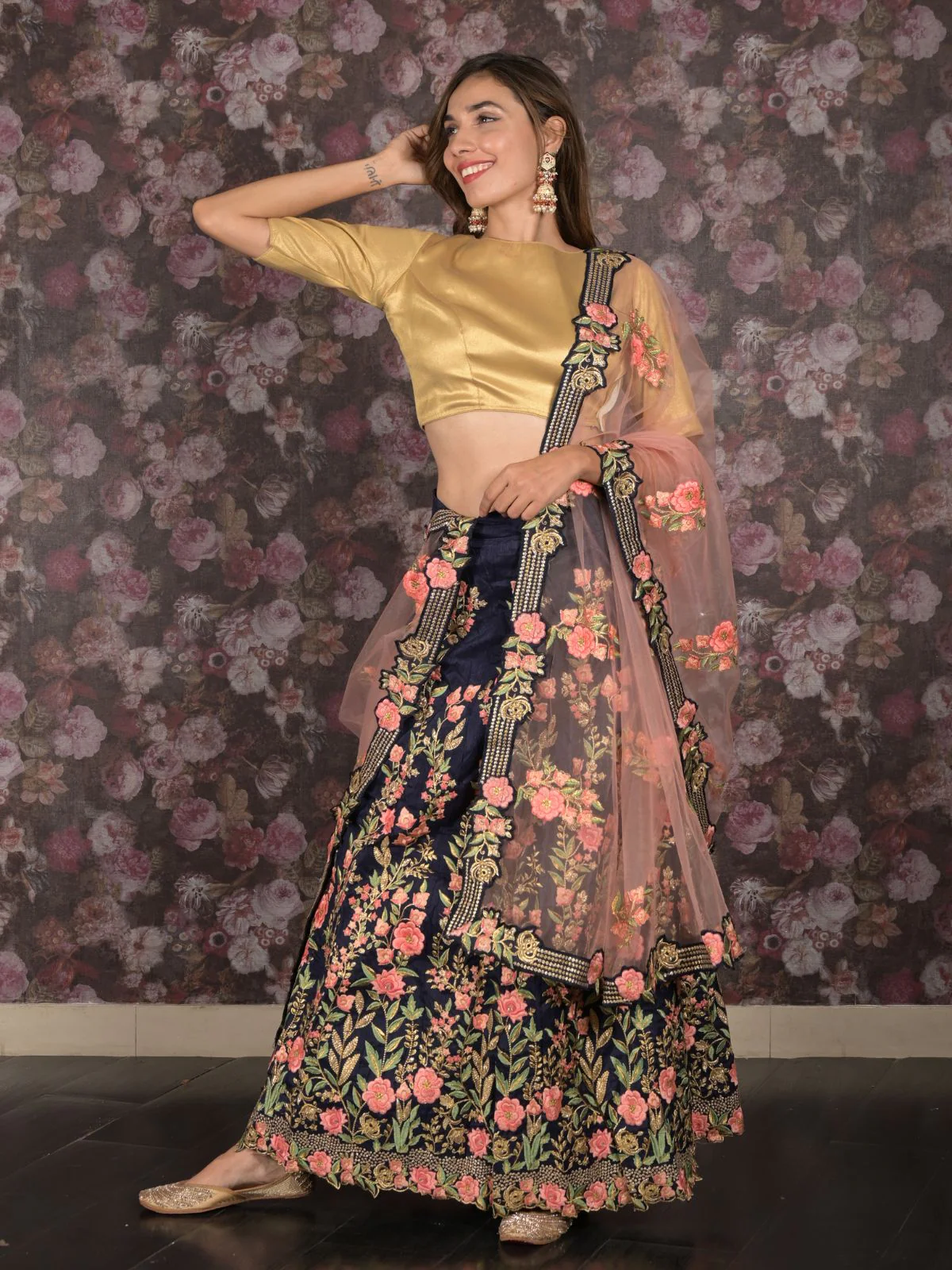 Odette Navy Blue Silk Blend Embroidered Semi-Stitched Lehenga with Unstitched Blouse for Women - Image 2