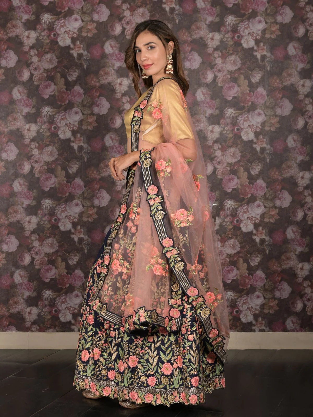 Odette Navy Blue Silk Blend Embroidered Semi-Stitched Lehenga with Unstitched Blouse for Women - Image 3