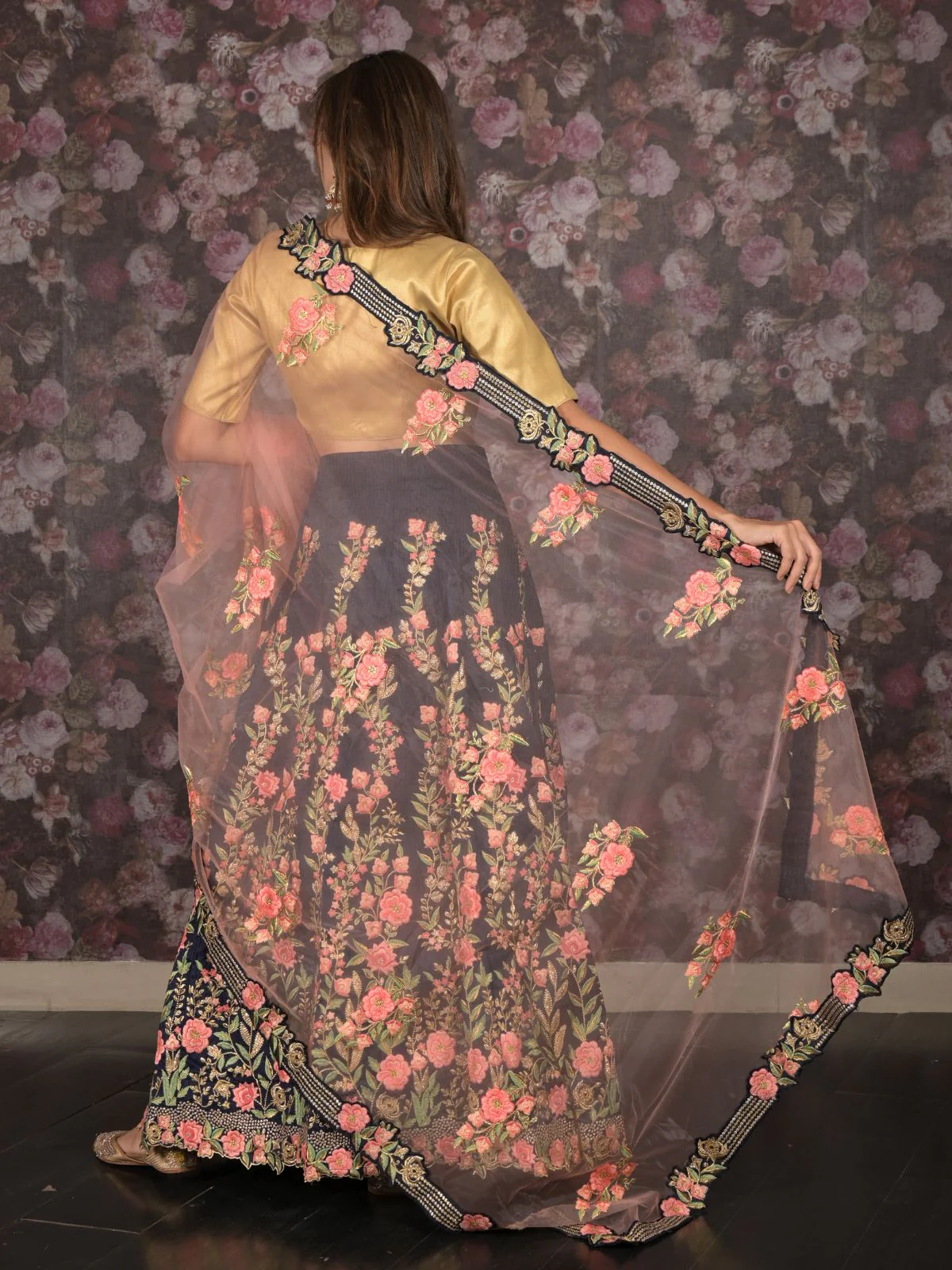 Odette Navy Blue Silk Blend Embroidered Semi-Stitched Lehenga with Unstitched Blouse for Women - Image 4